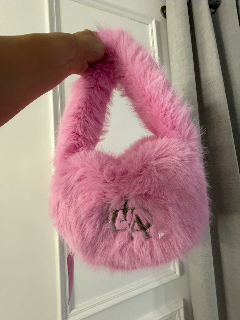 Huda beauty pink fur PR bag